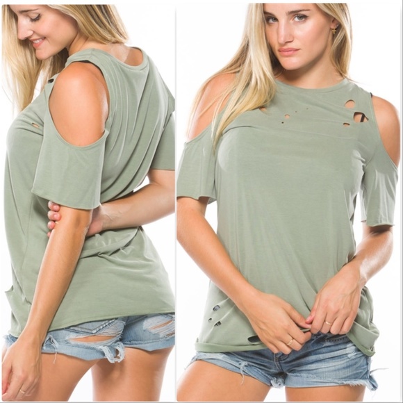 Top SAGE DISTRESSED BURN OUT COLD-SHOULDER TOP - Picture 4 of 4